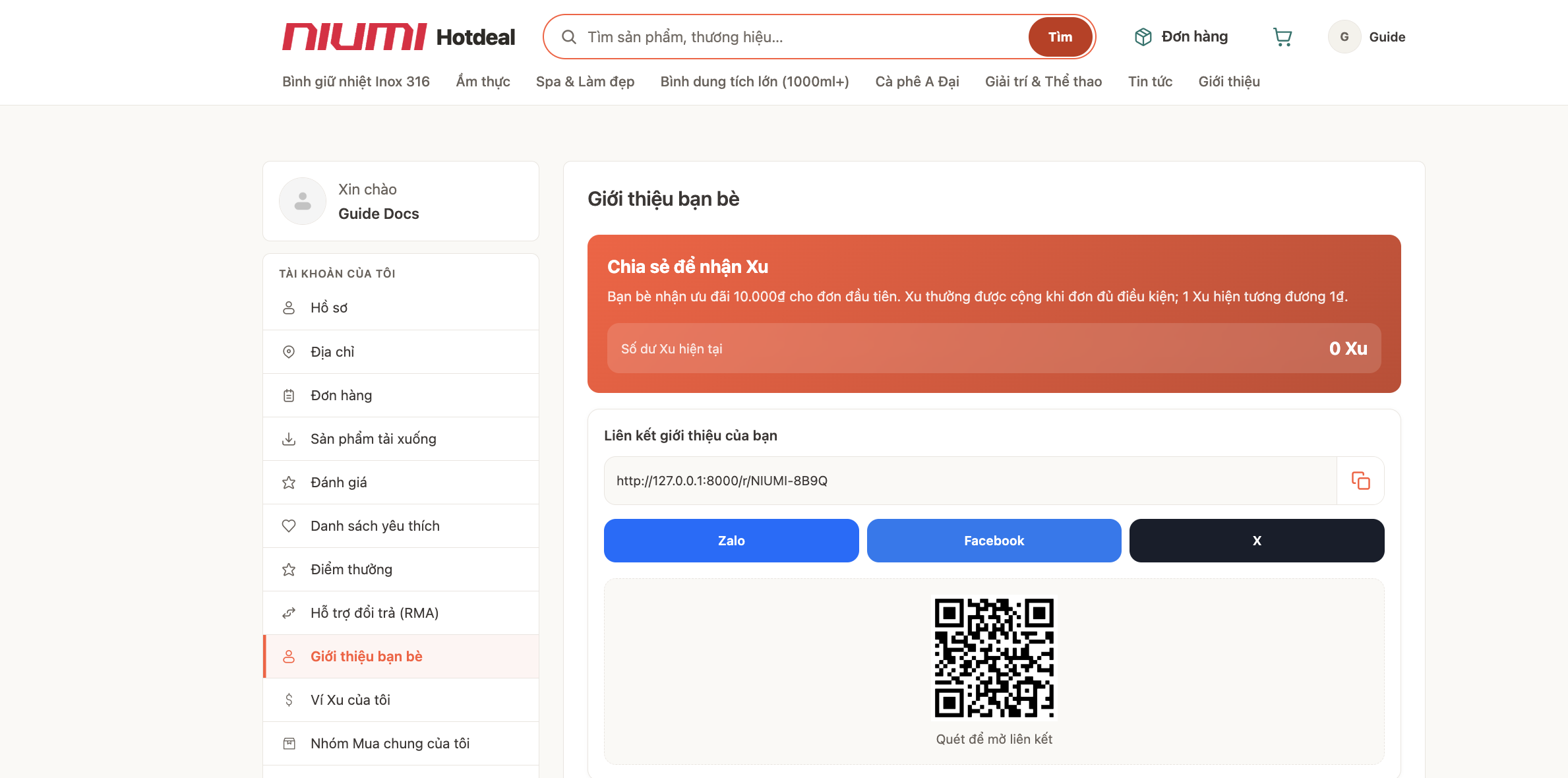 Trang hub Giới thiệu bạn bè với link và QR
