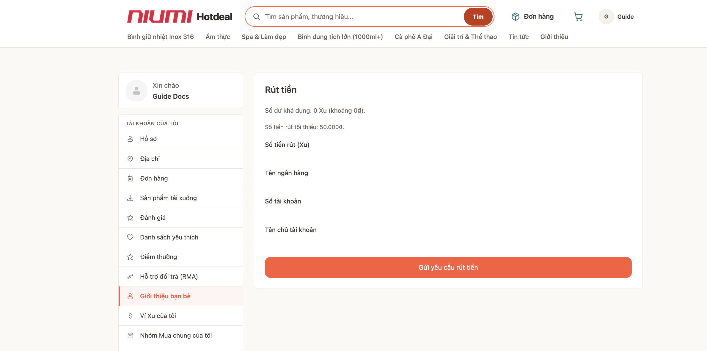 Form rút tiền Xu về ngân hàng